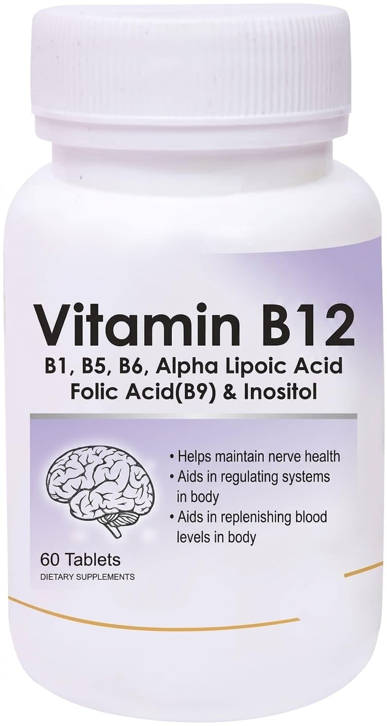 Generic Vitamin B12 with B1, B5, B6, B9 (Folic Acid), Alpha Lipoic Acid ALA & Inositol Supplements, 60 Tablets