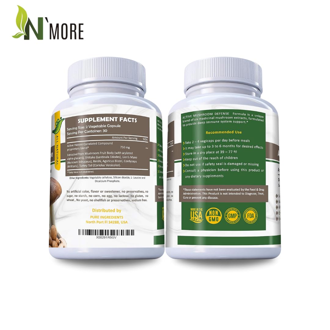 N'More Six Active Mushroom Defense Dietary Supplement Supports Immune Health, 60 Capsules