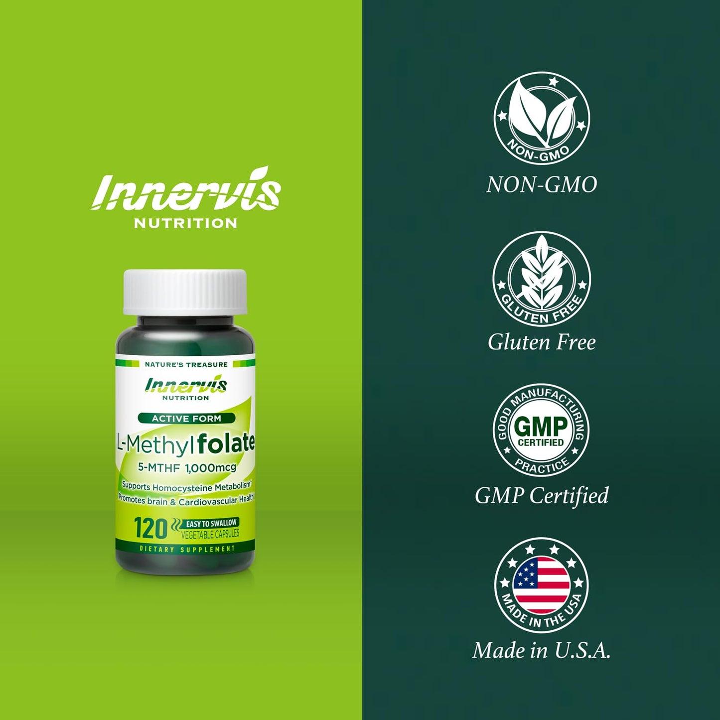 INNERVISNUTRITION L-Methylfolate 1000mcg Active Folate for Heart, Nerve Health & Homocysteine Support 5-MTHF Methylated Vitamin B9 120 Capsules