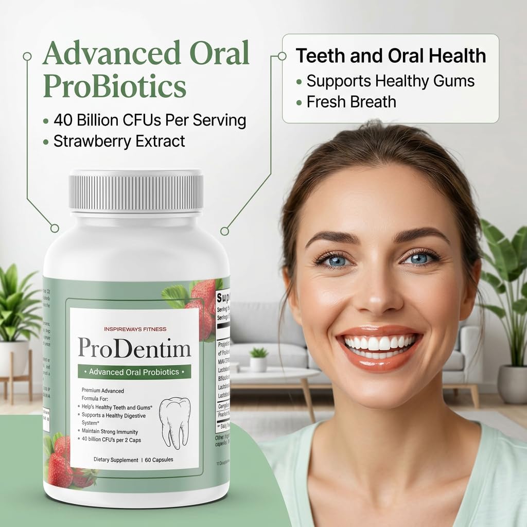 Fitness InspireWays ProDentim Advanced Oral Health Probiotics– Advanced Formula for Healthy Gums, Teeth, Fresh Breath - Oral Probiotics for Bad Breath Support 60 Capsules