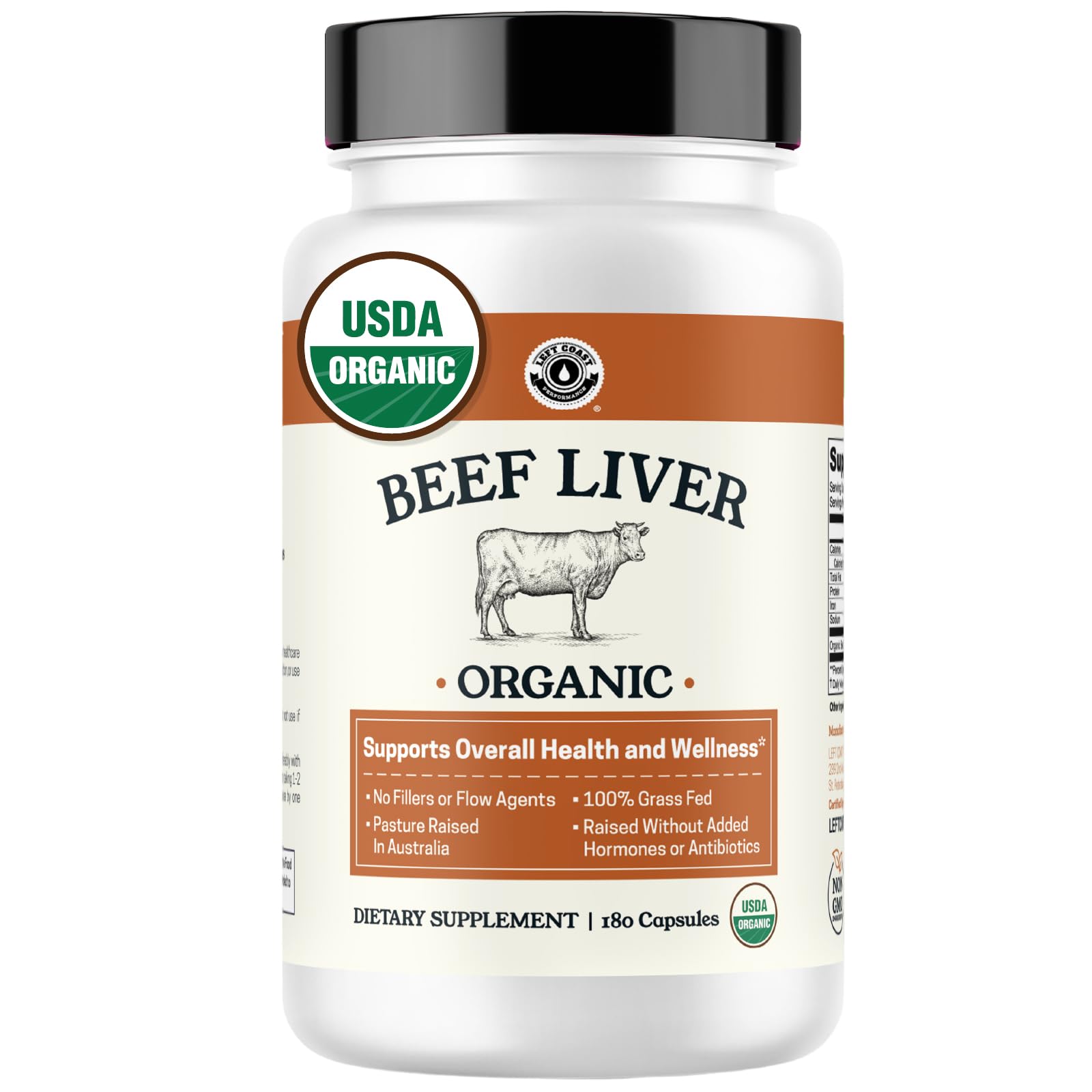 Left Coast Performance Organic Beef Liver Capsules, 180 Count