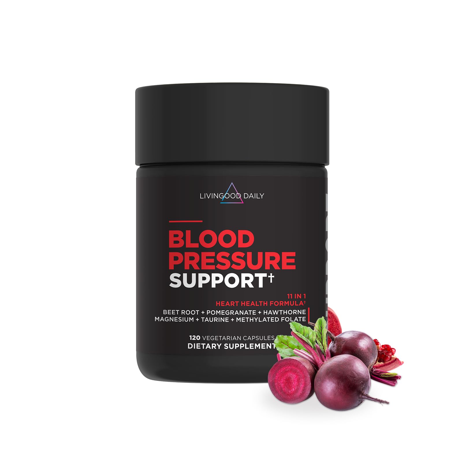 Livingood Daily Blood Pressure Support, Heart Health Supplement with Beet Root, Pomegranate, Hawthorn, Magnesium & Taurine, Cardiovascular Support Formula, Vegan, 120 Capsules