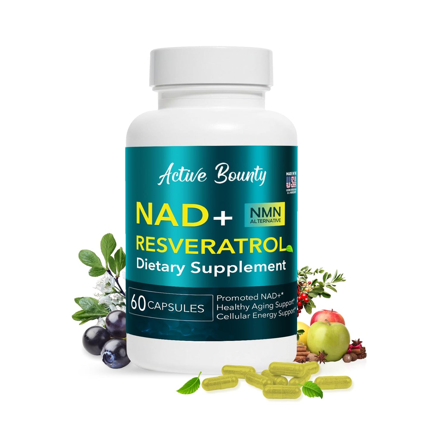 Active Bounty NAD+ Resveratrol with Quercetin – NMN Alternative for Cellular Energy, Focus & Healthy Aging, 500mg NAD+ Formula, Vegan, Non-GMO, Gluten-Free, Made in USA, 60 Capsules
