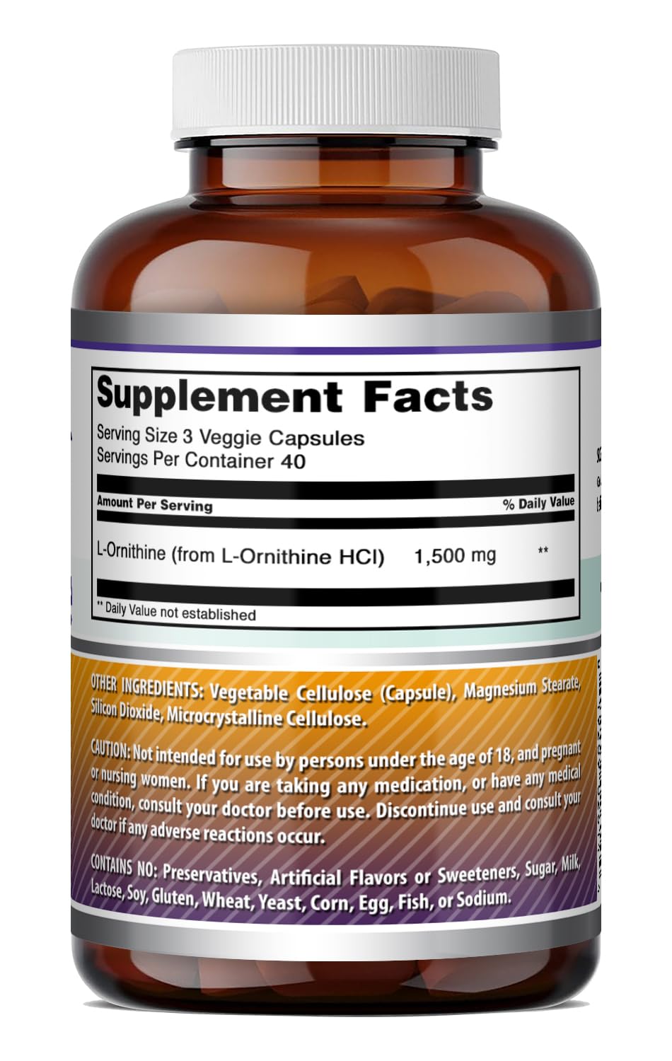 Amazing Nutrition L-Ornithine 1500 mg Per Serving Veggie Capsules, 120 Count