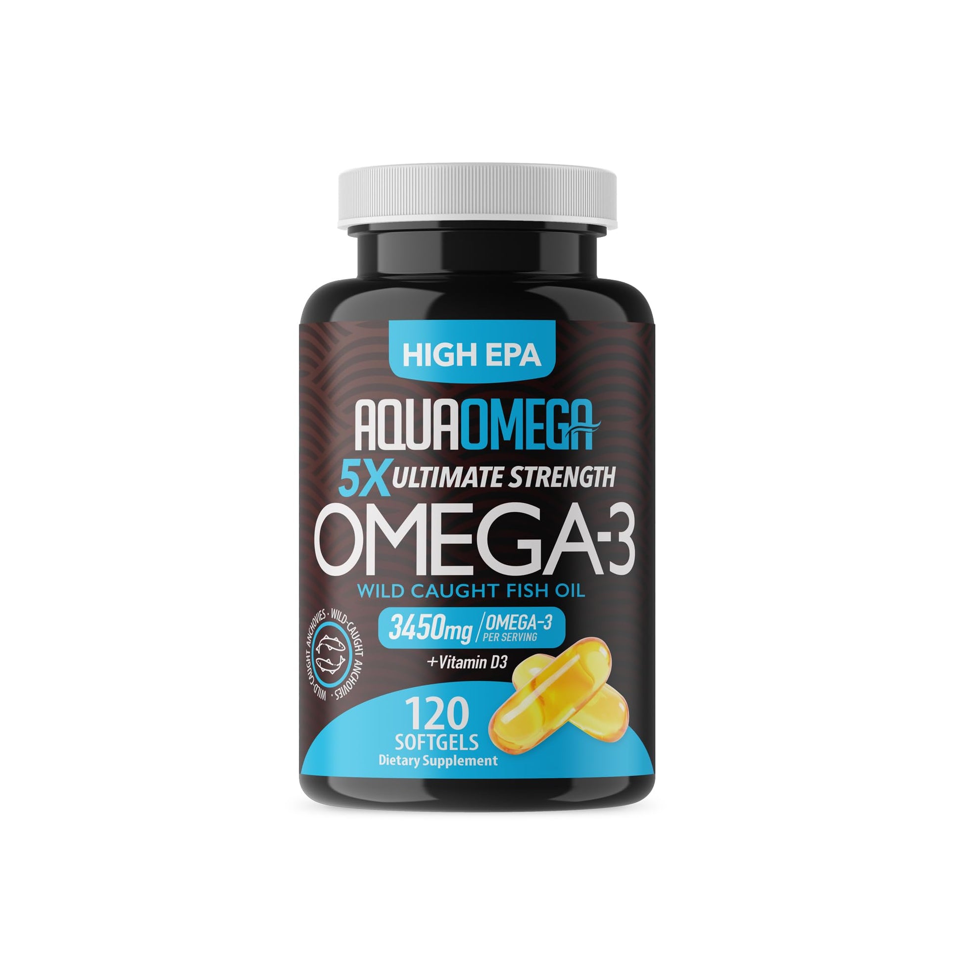 AQUA OMEGA Ultimate Strength Omega-3 Fish Oil Softgels with High EPA and DHA, Vitamin D, No Fishy Aftertaste, 120 Softgels