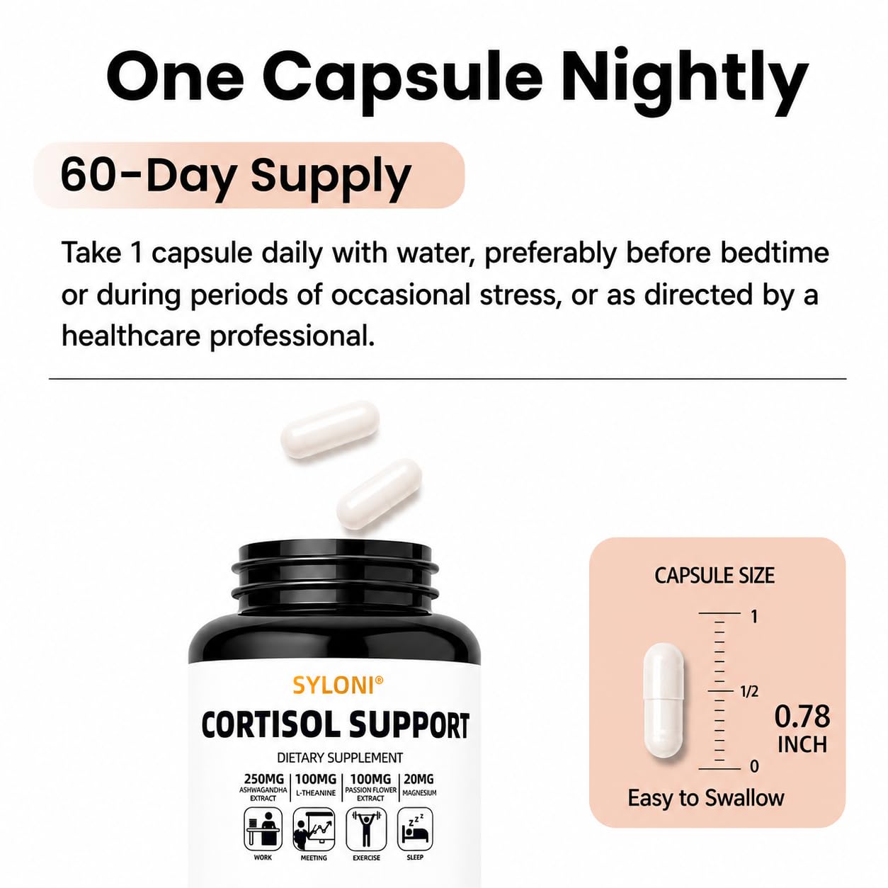Syloni Cortisol Supplements for Women, Ashwagandha, L-Theanine & Passion Flower, Melatonin-Free Formula for Healthy Stress Response, Calm, Relaxation & Restful Sleep Capsules, 60 Count
