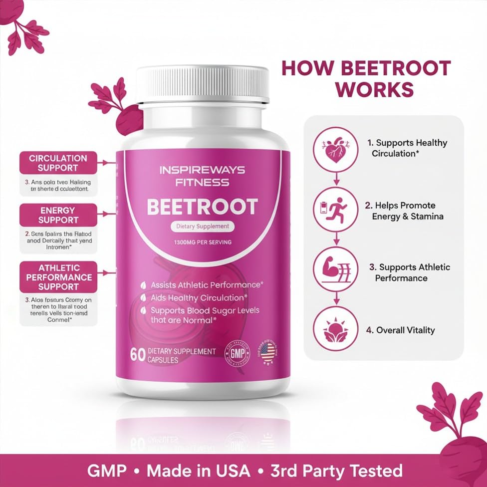 Fitness InspireWays Beet Root Capsules 1300mg Per Serving Beetroot Extract Powder - Superfood Supplement, 60 Capsules