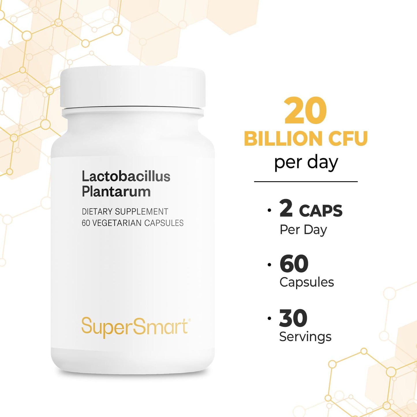 Supersmart Lactobacillus Plantarum PostBiotic 20 Billion CFU per Day (Immuno-LP20) Heat-Treated Probiotic Supplement 60 Vegetarian Capsules