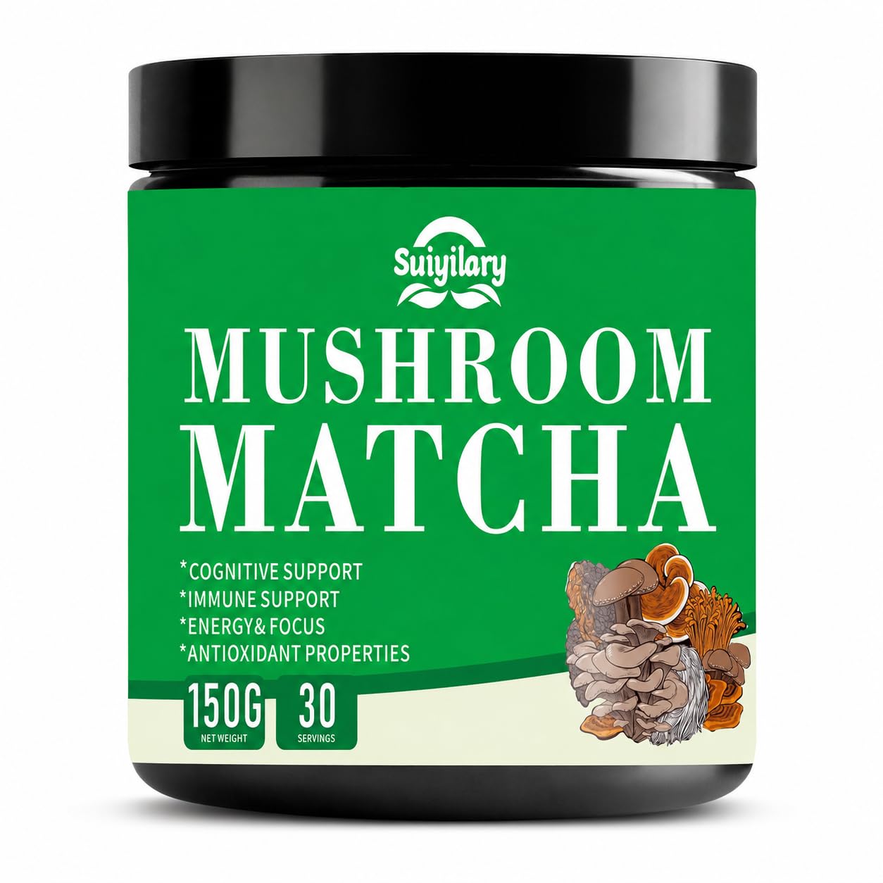 Suiyilary Mushroom Matcha Ceremonial Tea Powder with 7 Superfood Mushrooms, Gluten Free, 5.29 oz