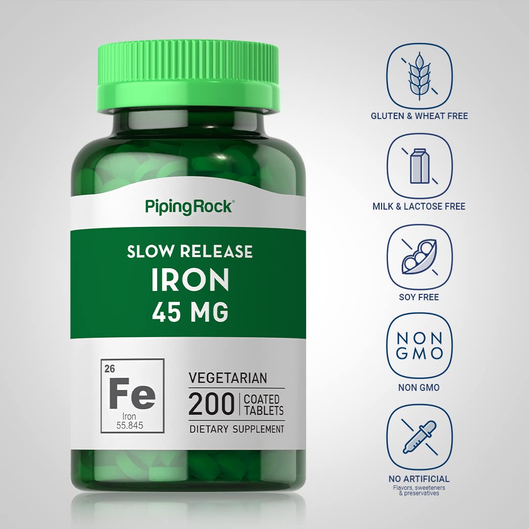 Piping Rock Iron Supplement 45 mg Slow Release Ferrous Sulfate Tablets, 200 Count