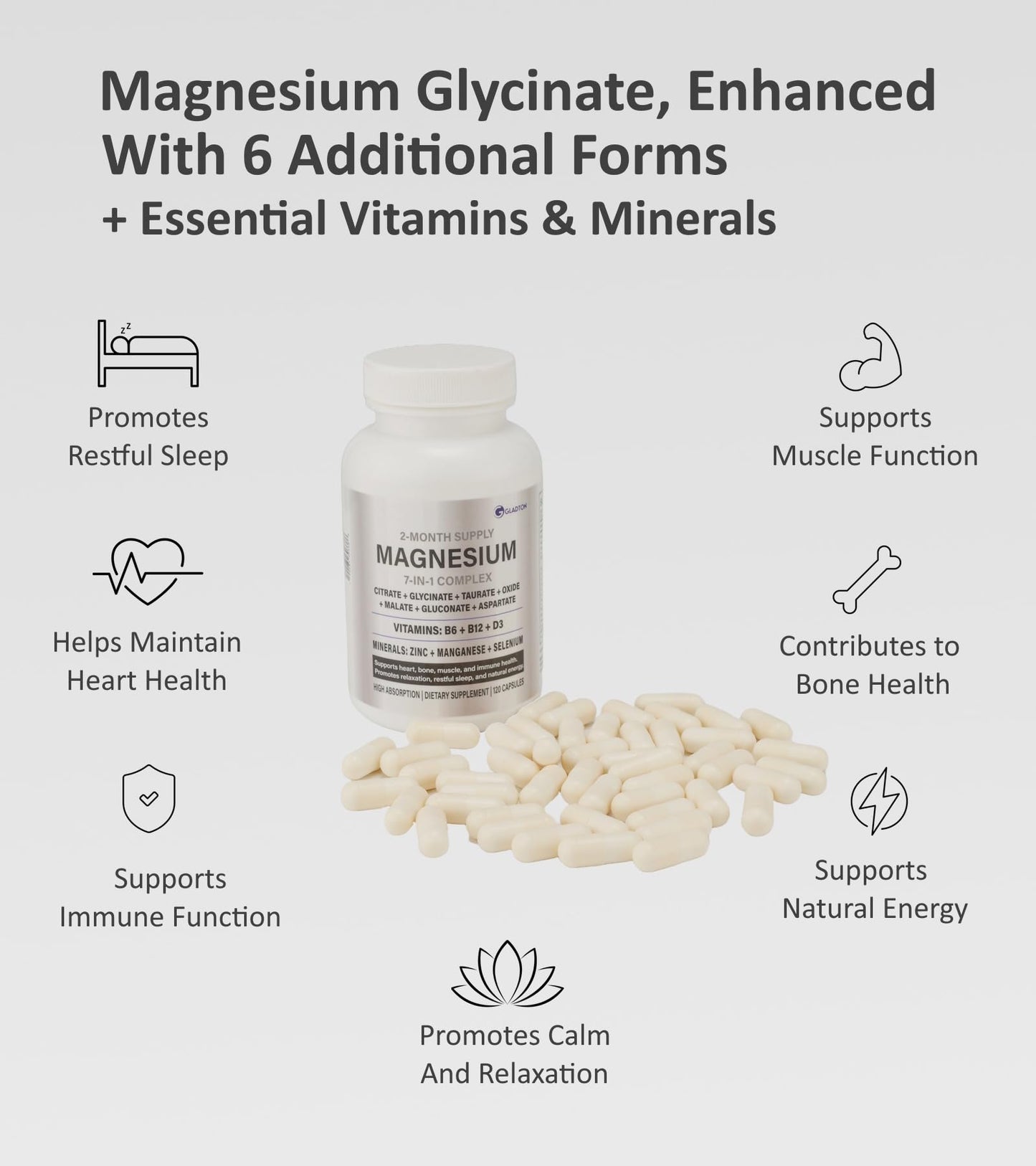 GLADTON Magnesium Glycinate Complex Supplement 444mg Capsule 120 Count