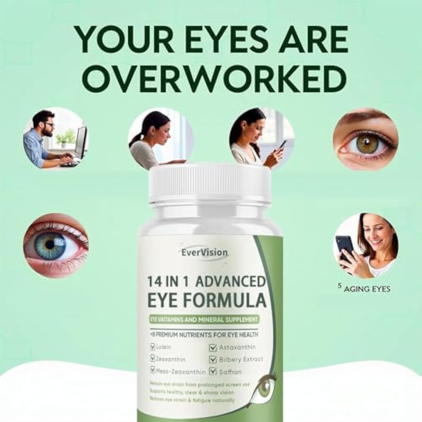 EVERVISION 14 in 1 Advanced Eye Formula Eye Vitamin and Mineral Supplement with Lutein, Zinc, Zeaxanthin & Bilberry Extract for Vision Care, Capsule, 60 Capsules