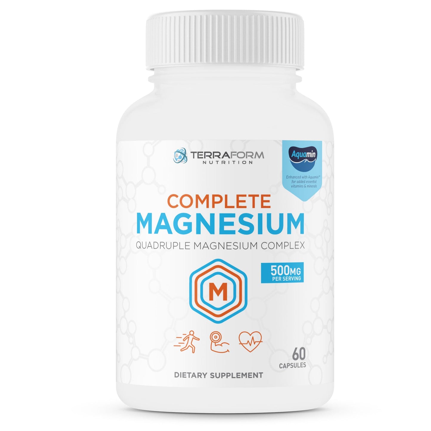 TerraForm Nutrition Complete Magnesium Complex - 4 Forms of Magnesium (Glycinate, Malate, Oxide & Citrate) Plus Aquamin for Support of Muscles, Sleep, Energy & Relaxation, 60 Capsules