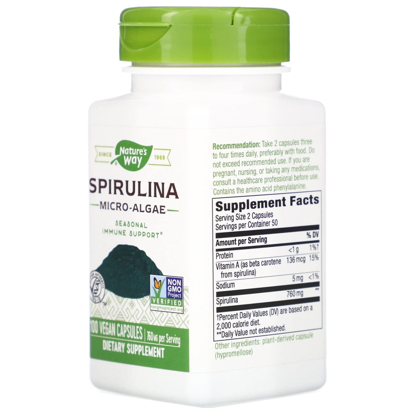 Nature's Way Spirulina Micro-Algae 380 mg Capsules, 100 Count