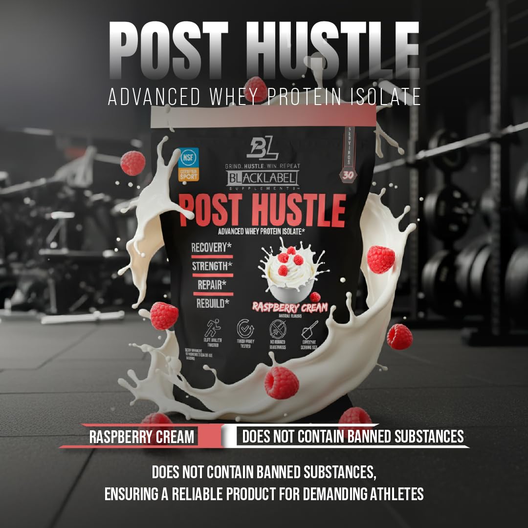 BLACKLABEL Supplements Post Hustle Post Workout Protein Powder 40 Servings – Whey Isolate Protein Powder with Digestive Enzymes – Raspberry Cream
