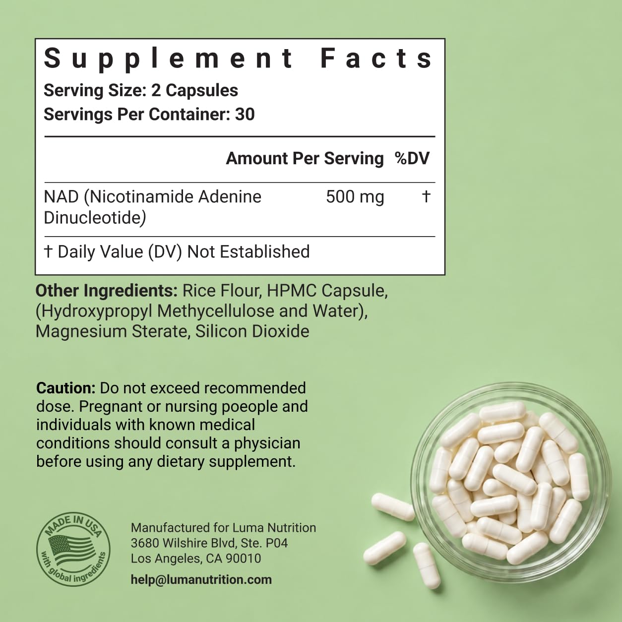 Luma Nutrition NAD+ Supplement Capsule, 60 Capsules