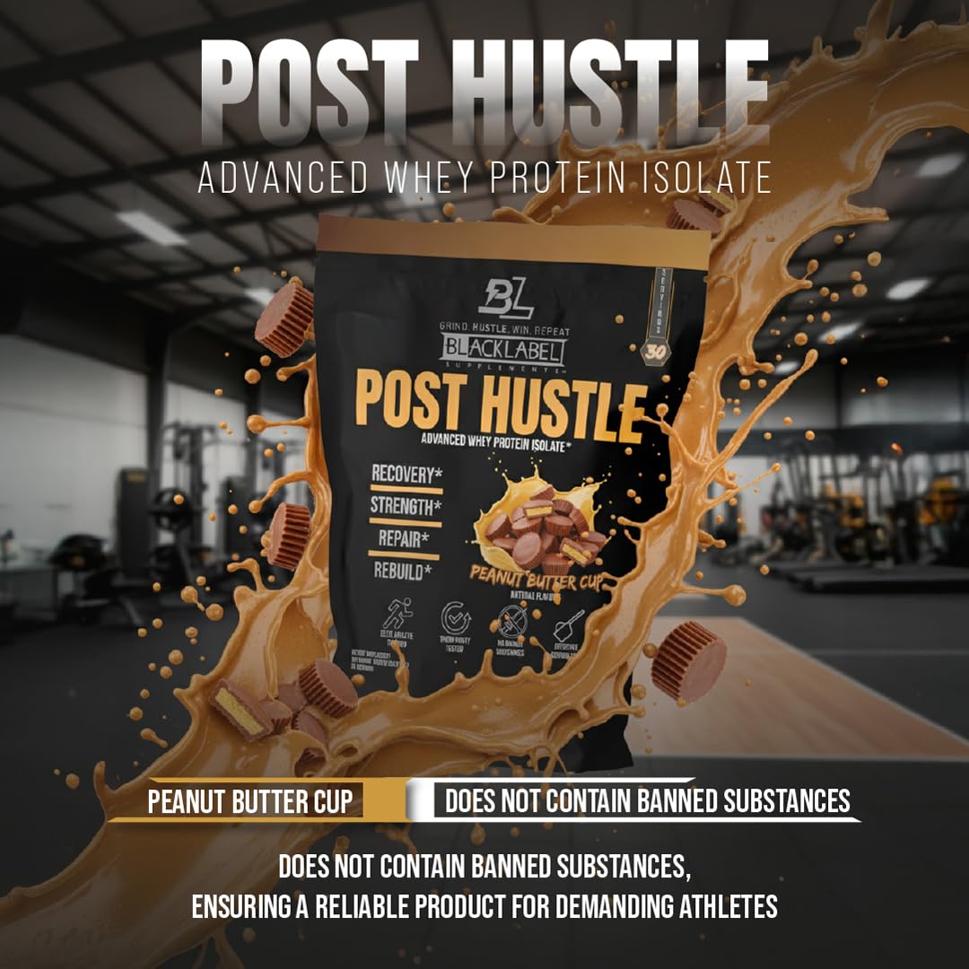 BLACKLABEL Supplements Post Hustle Post Workout Protein Powder Whey Protein Isolate Powder with Digestive Enzymes Peanut Butter Cup, 40 Servings