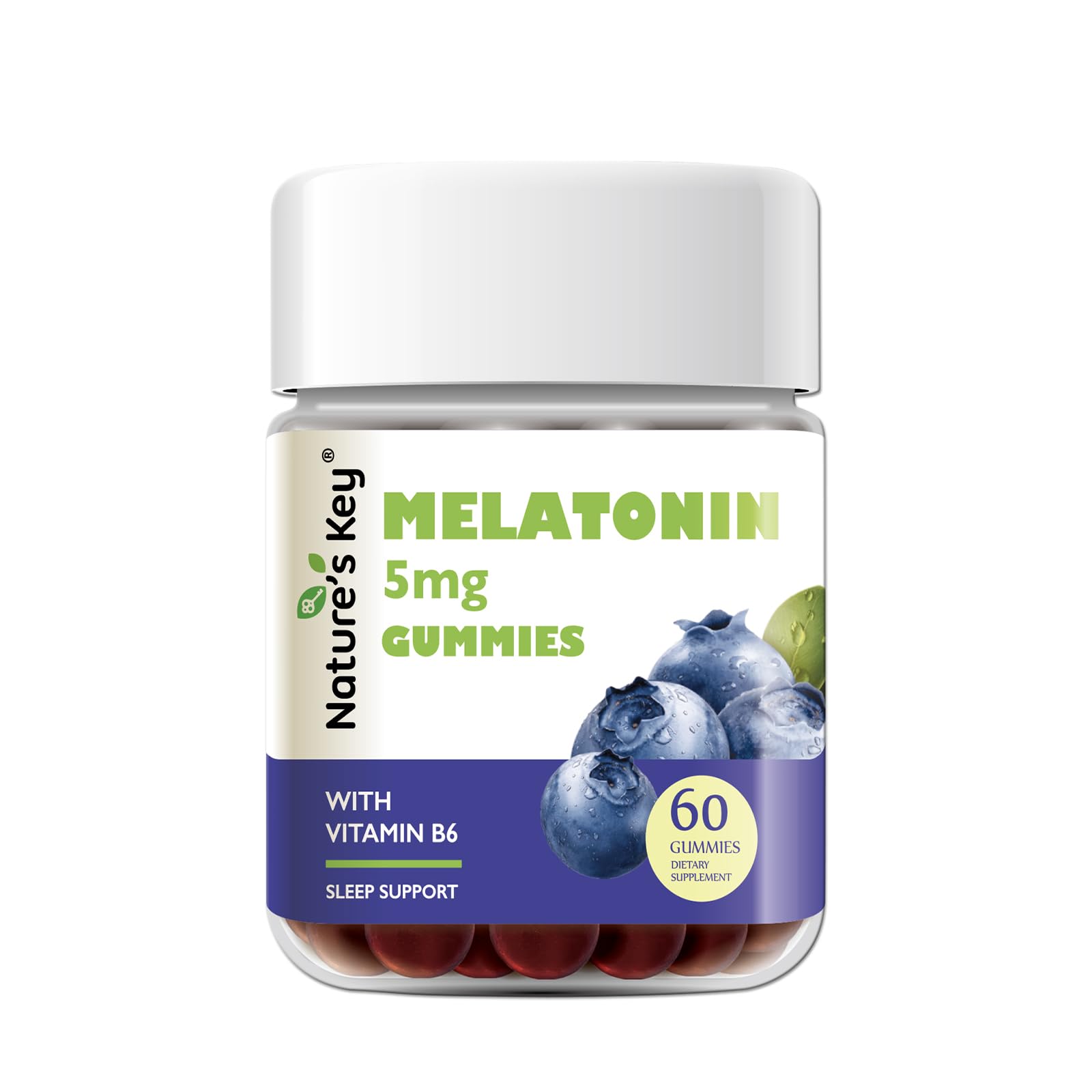 Nature's Key Melatonin Gummies 5mg with Vitamin B6 Sleep Support, Blueberry, 60 Count