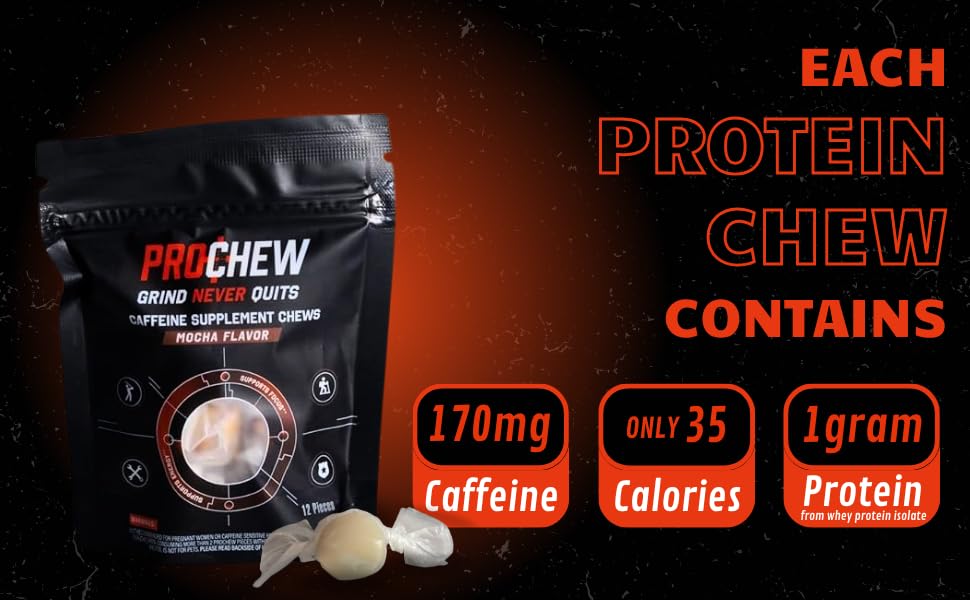 PROCHEW Caffeine Supplement Chews Chewable, Mocha Flavor, 170mg Caffeine, 12 Count