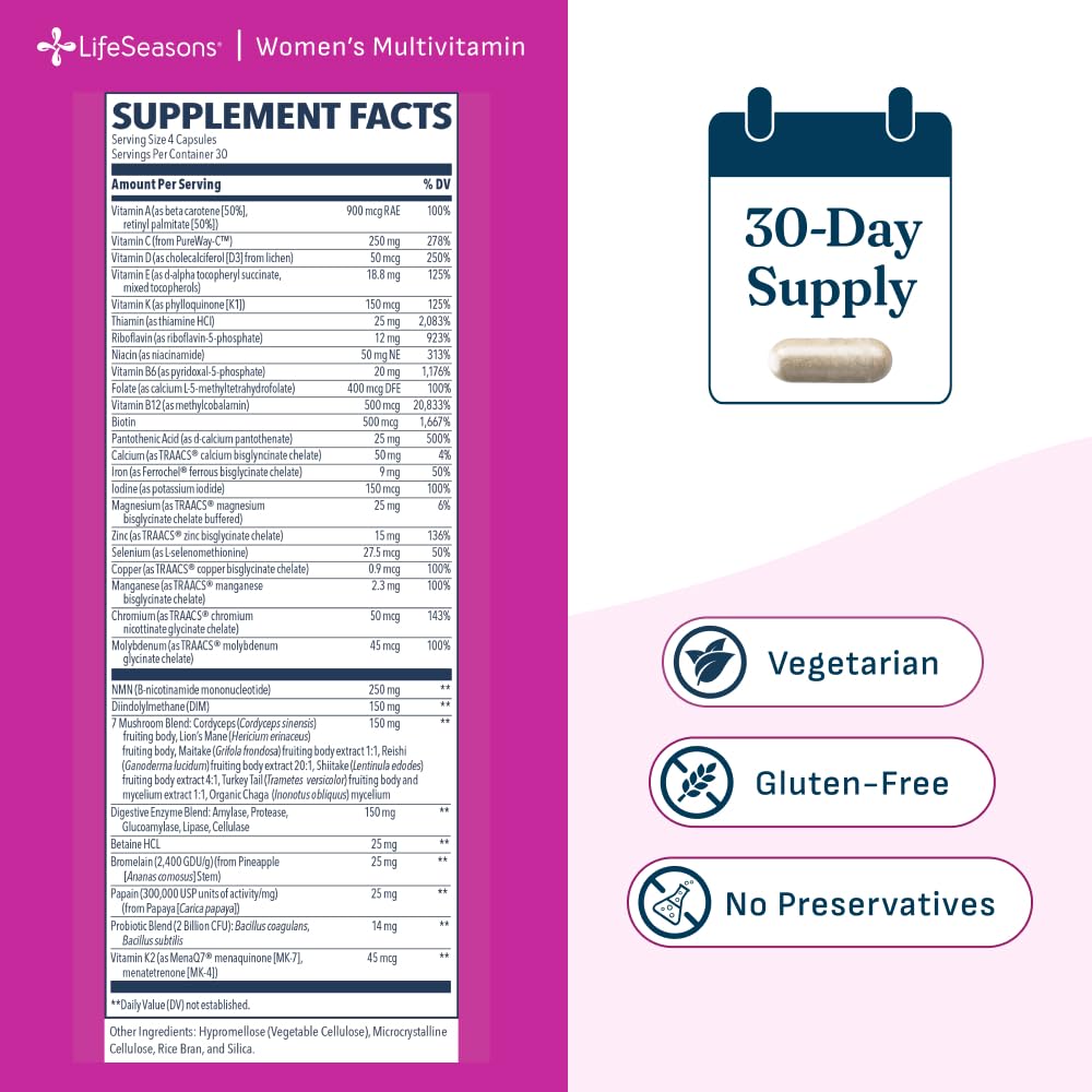 LifeSeasons Women's Multivitamin – High Potency with 21 Vitamins & Minerals, PureWay-C®, NAD+, Active B-Vitamins, TRAACS® Chelates, enXtra® for Energy, Probiotics & Mushrooms, 120 Veg Capsules