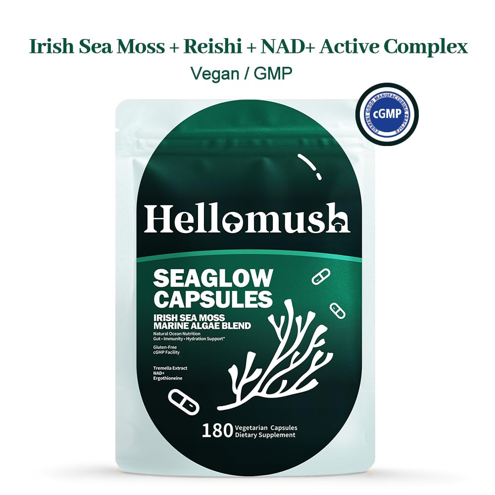 Hellomush Organic Sea Moss Capsules with Reishi & Tremella 10:1 Extract, Immune Support, 180 Capsules