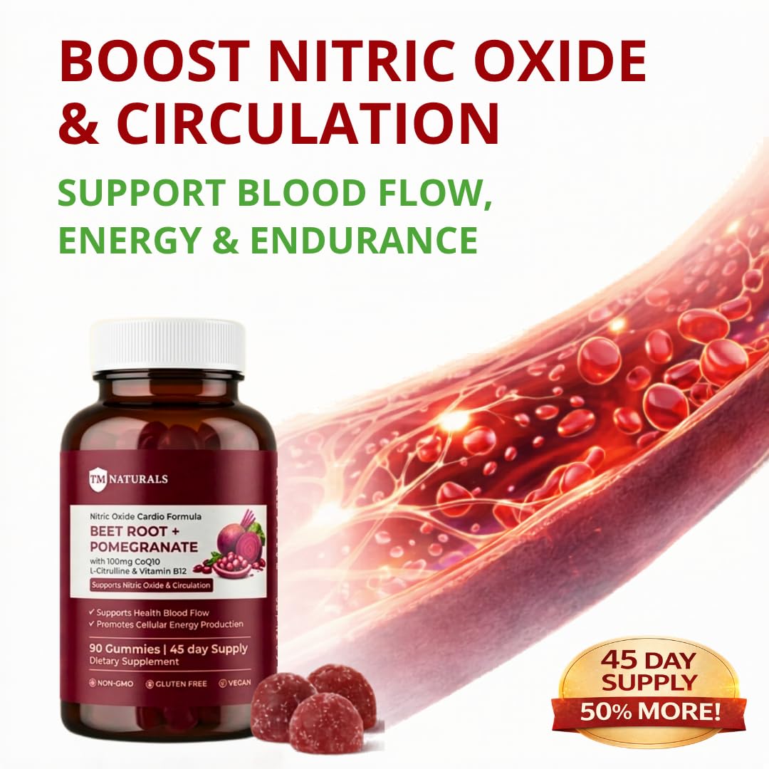 TM NATURALS Beet Root Capsule with Pomegranate, CoQ10, L-Citrulline & B12, Nitric Oxide Support for Circulation, Energy & Blood Flow, 90 Count