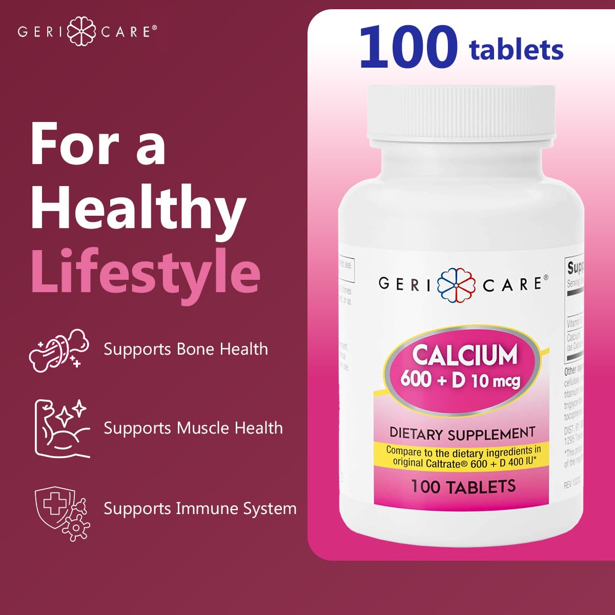 GeriCare Calcium 600mg with Vitamin D 10mcg (400 IU) Tablets, 100 Count