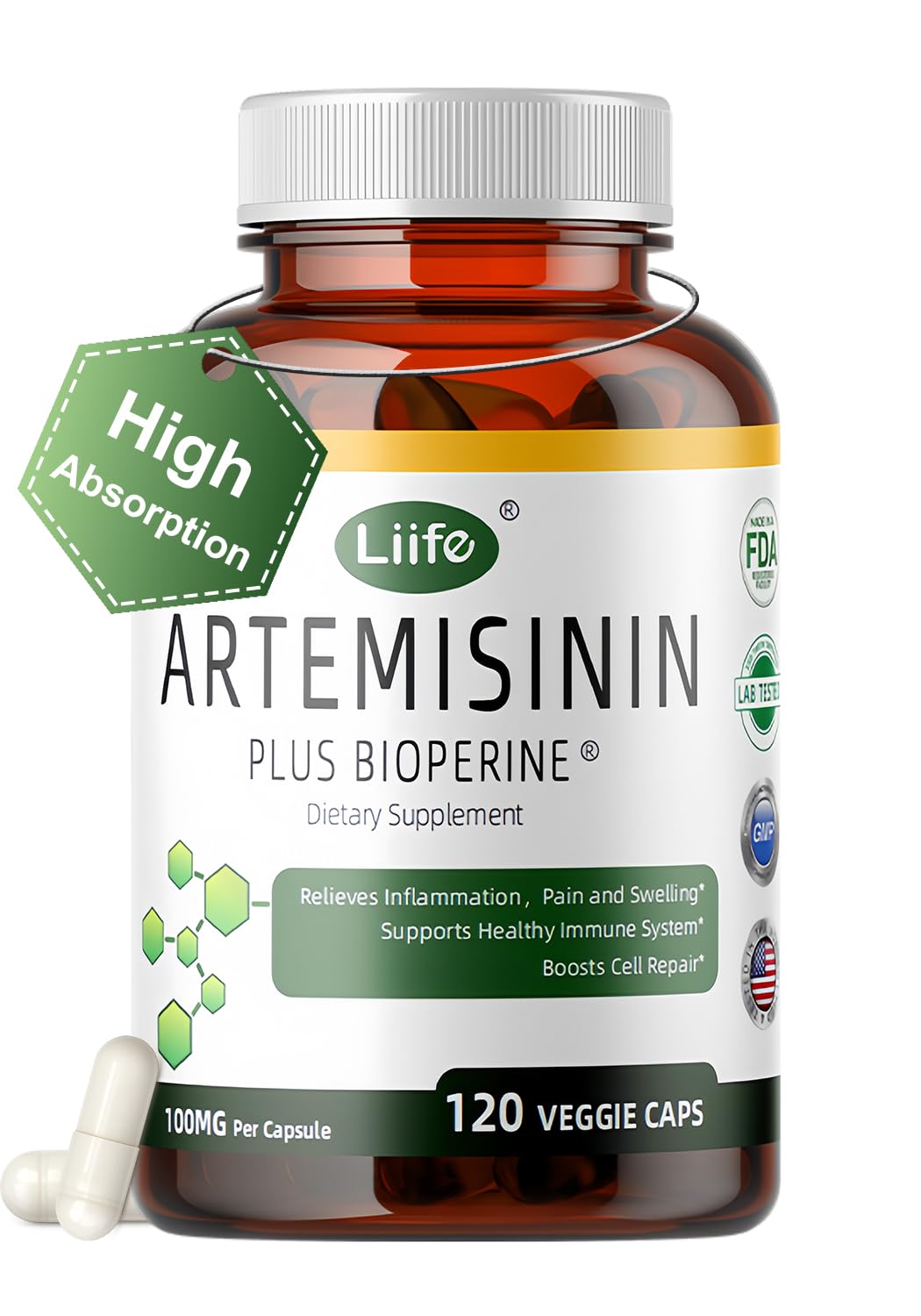 LIIFE Artemisinin (from Sweet Wormwood) with Bioperine, 100mg Capsules, 120 Count