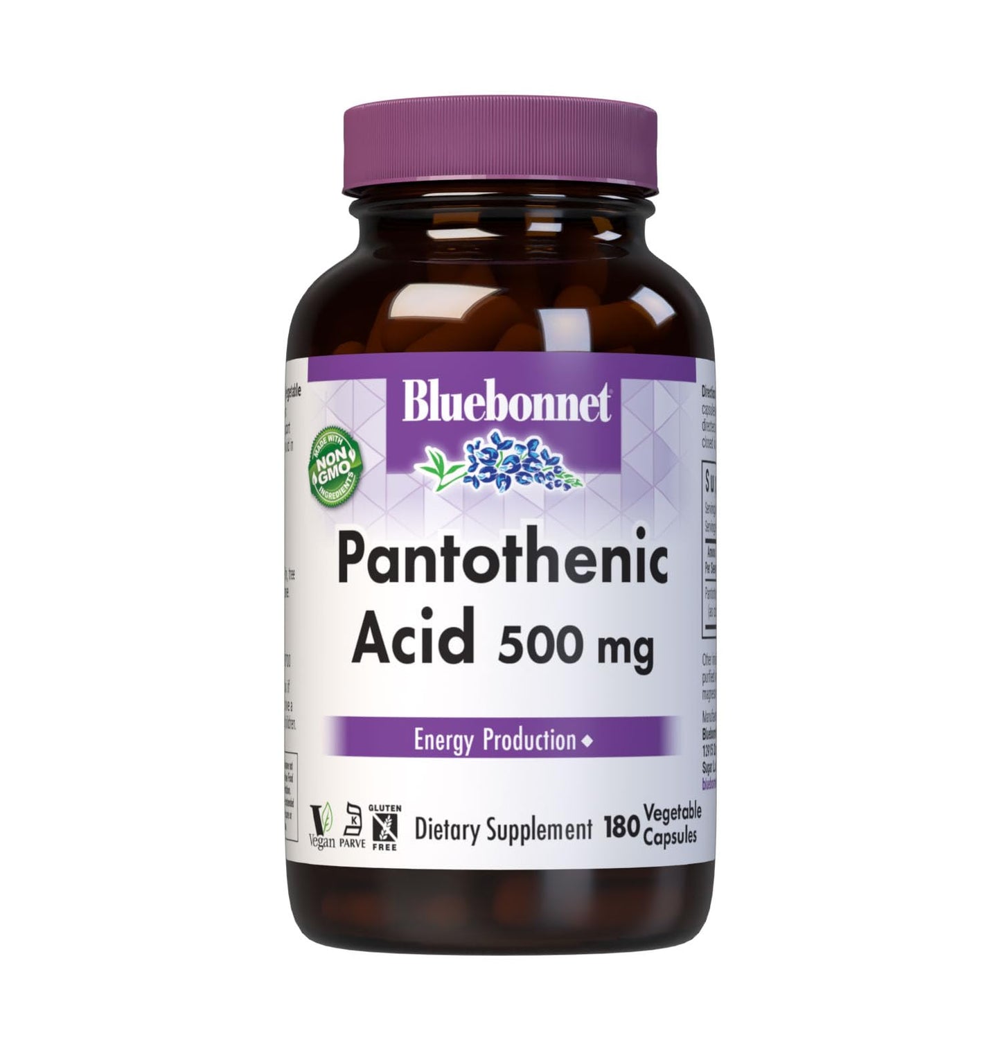 BlueBonnet Pantothenic Acid 500 mg Vegetable Capsules, 180 Count