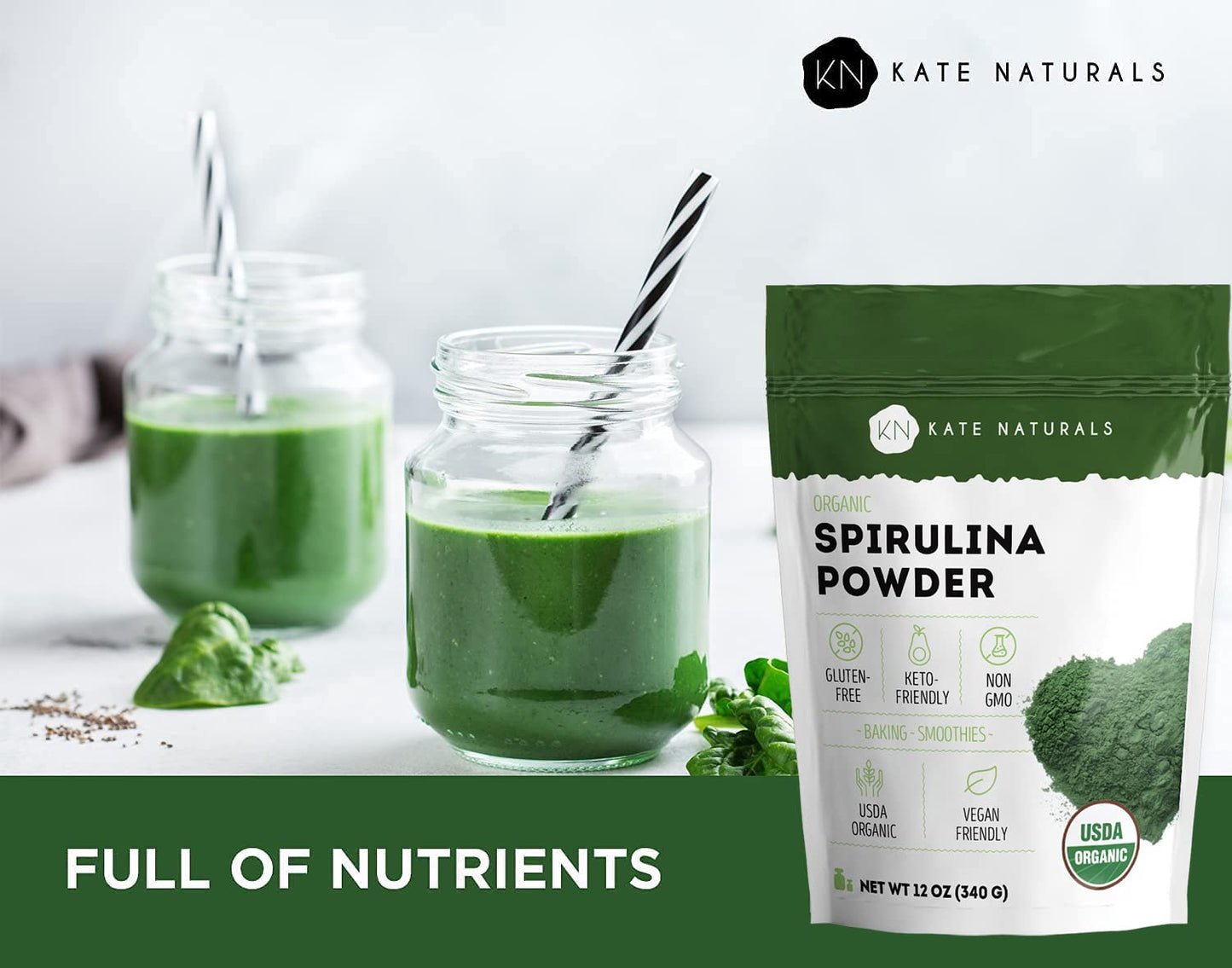 Kate Naturals Organic Spirulina Powder, 12 Ounce