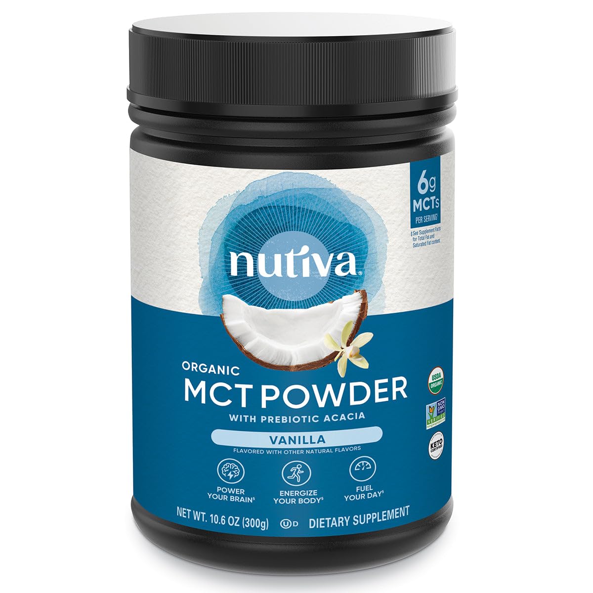 Nutiva Organic MCT Powder with Prebiotic Acacia Fiber, Vanilla, 10.6 oz