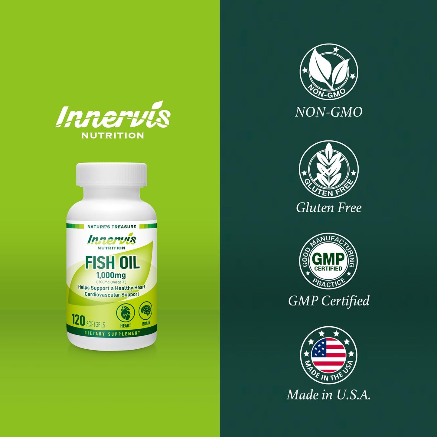 INNERVISNUTRITION Fish Oil 1000mg – Heart, Brain & Eye Support with Omega-3 EPA & DHA, Non-GMO Softgels, 120