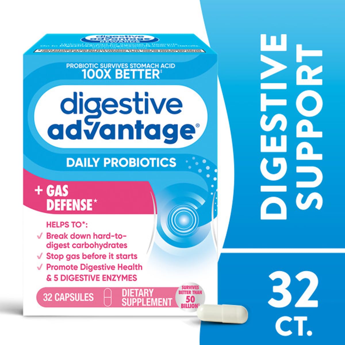 Digestive Advantage Fast Acting Enzymes + Daily Probiotic Prevent Gas & Break Down Food Particles 96 Capsules