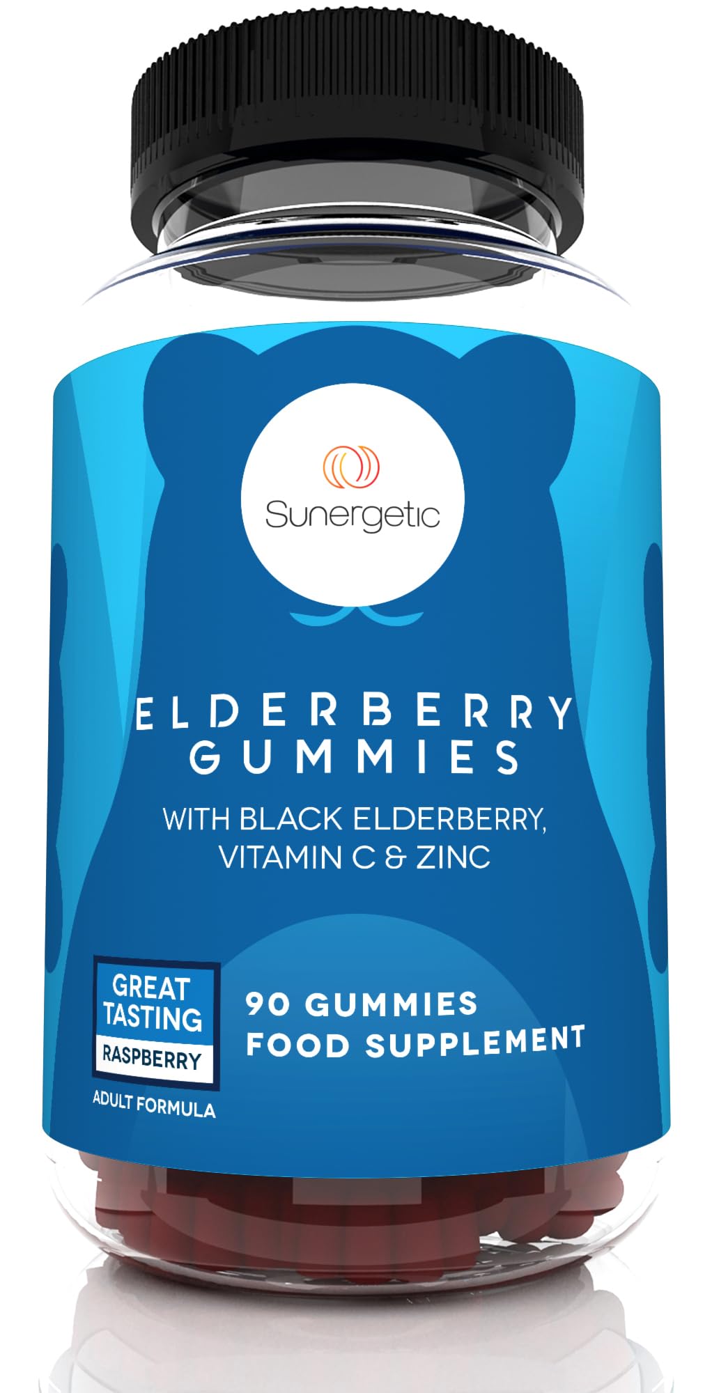 Sunergetic Premium Black Elderberry Gummies with Vitamin C & Zinc, Raspberry Flavored, 90 Gummies
