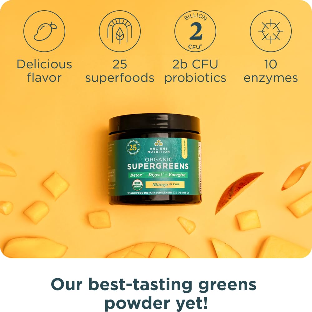 Ancient Nutrition Multi Collagen Protein Powder (Powder), Unflavored, 24 Servings + Organic Supergreens Powder (Powder), Mango, 12 Servings
