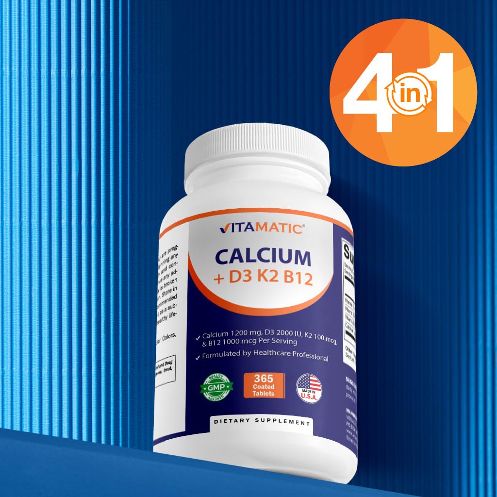 Vitamatic Calcium Supplement 1200mg with D3, K2 & B12, Immune & Bone Health Support, 730 Tablets