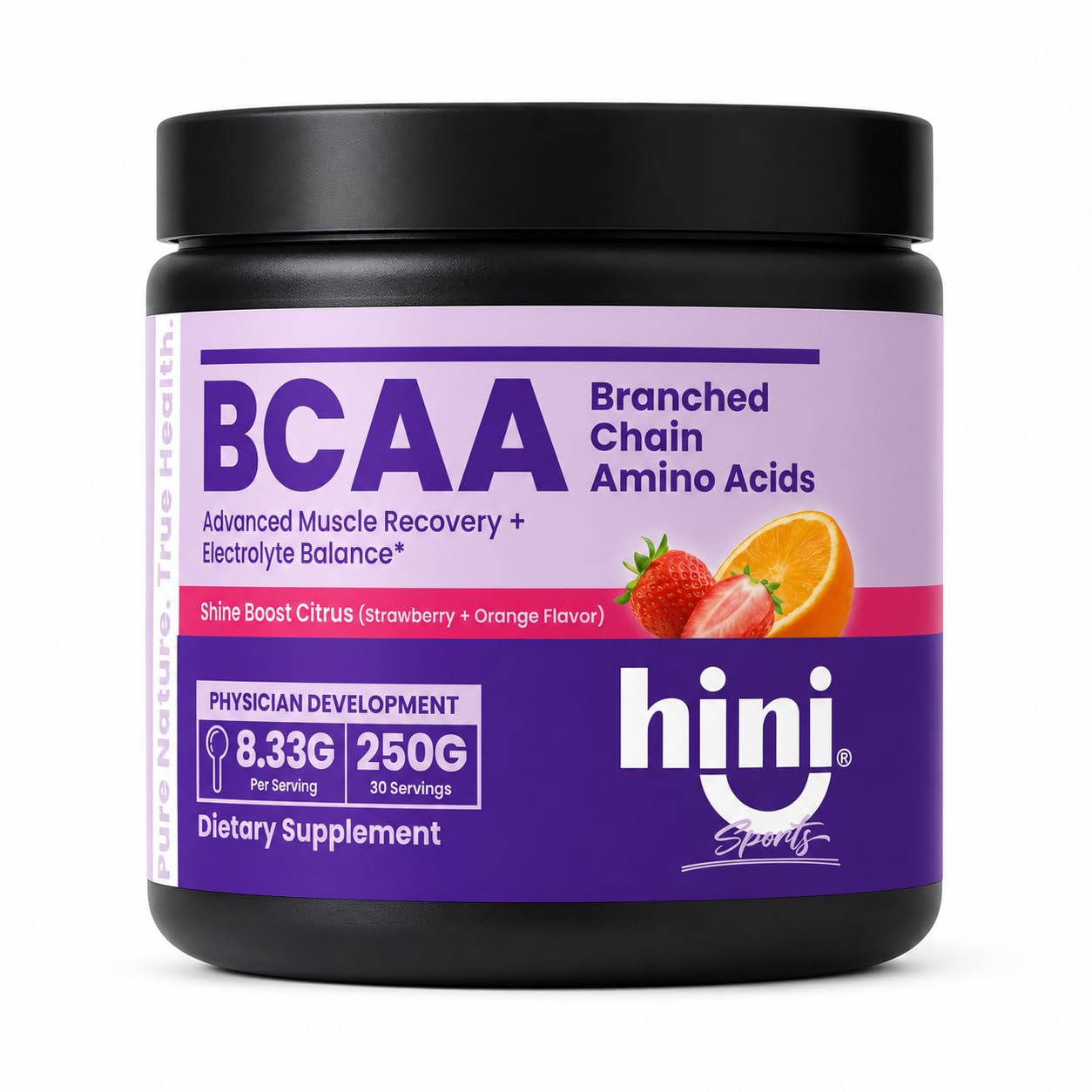 HINI BCAA Powder 6000mg BCAA Blend with Electrolytes, L-Leucine, L-Isoleucine & L-Valine, Strawberry Orange Flavor, 250g, 30 Servings
