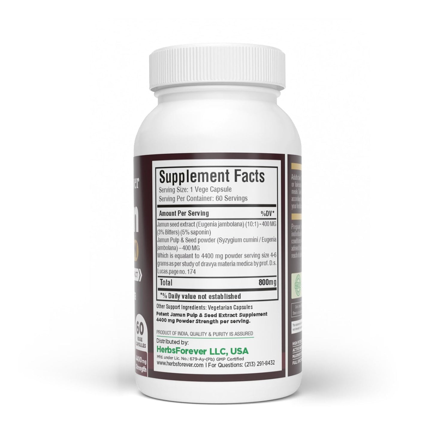 Herbsforever Jamun Capsules Eugenia Jambolana Seeds Extract Ratio (10:1) Wellness Supplement, 60 Capsules