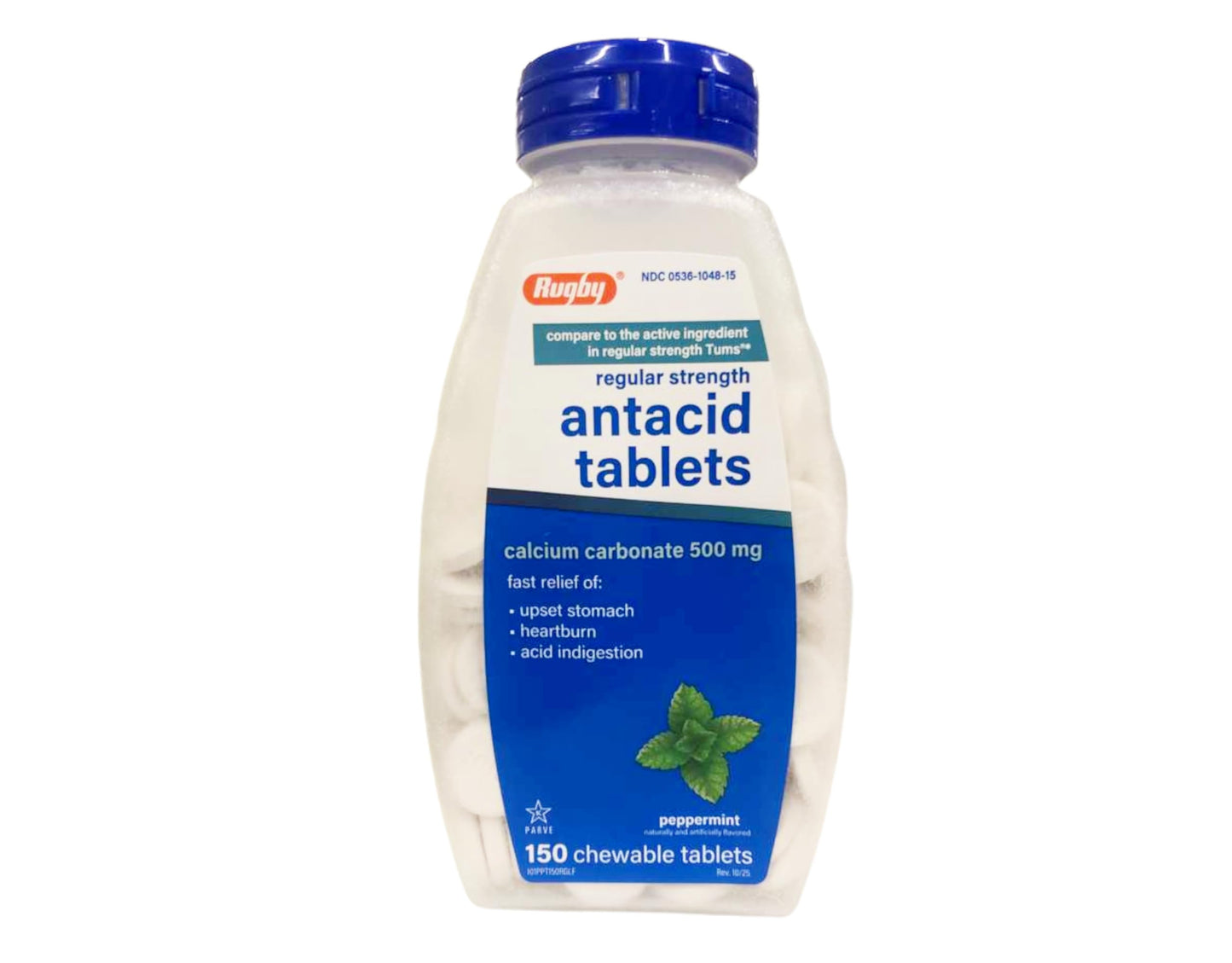 Rugby Laboratories Calcium Carbonate 500mg Antacid Tablets Peppermint Regular Strength, 900 Tablets