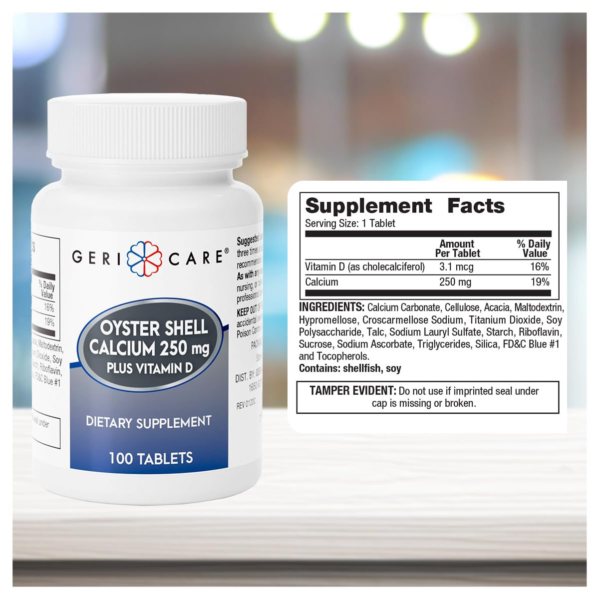 GeriCare Oyster Shell Calcium 250mg, Vitamin D 125IU, 200 Tablets