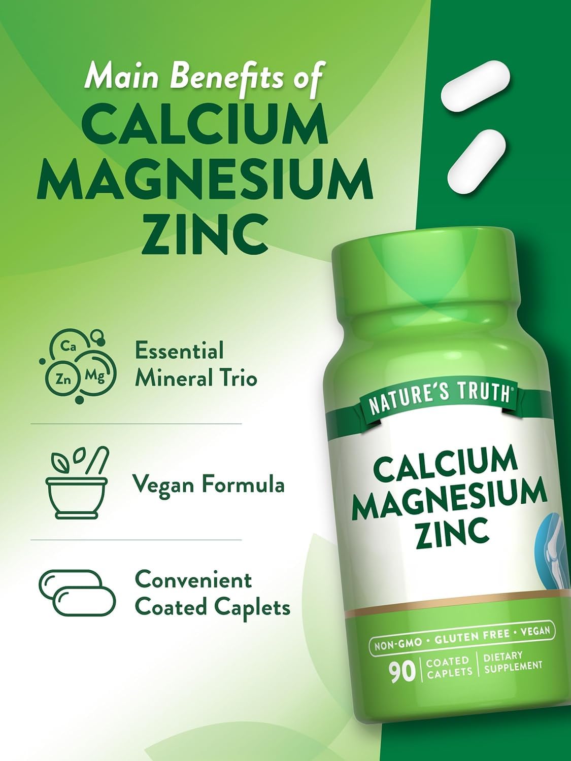 Nature's Truth Calcium Magnesium Zinc Plus Vitamin D3 Capsules, 180 Capsules