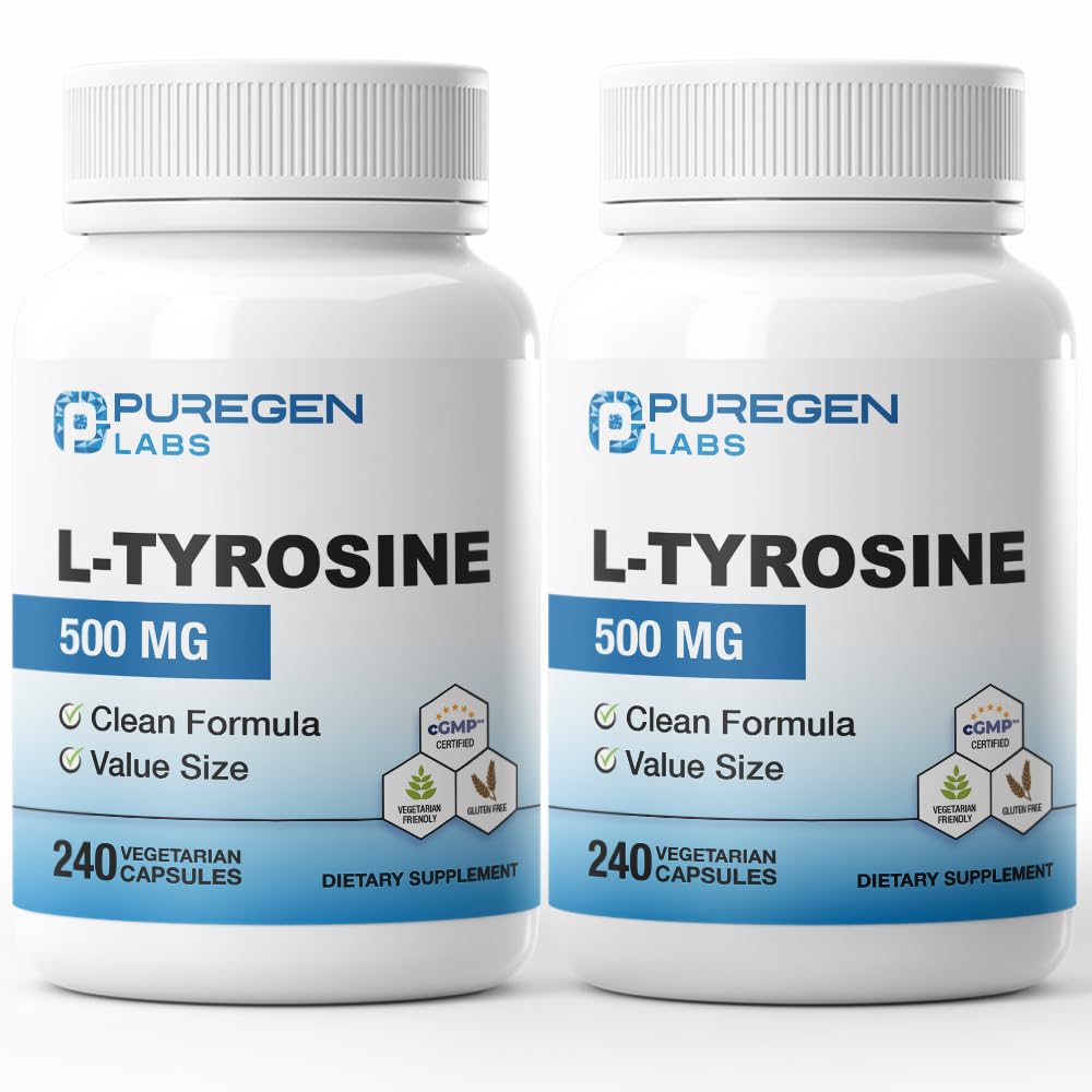 P Puregen Labs L-Tyrosine 500 mg Vegetable Capsules, 480 Capsules