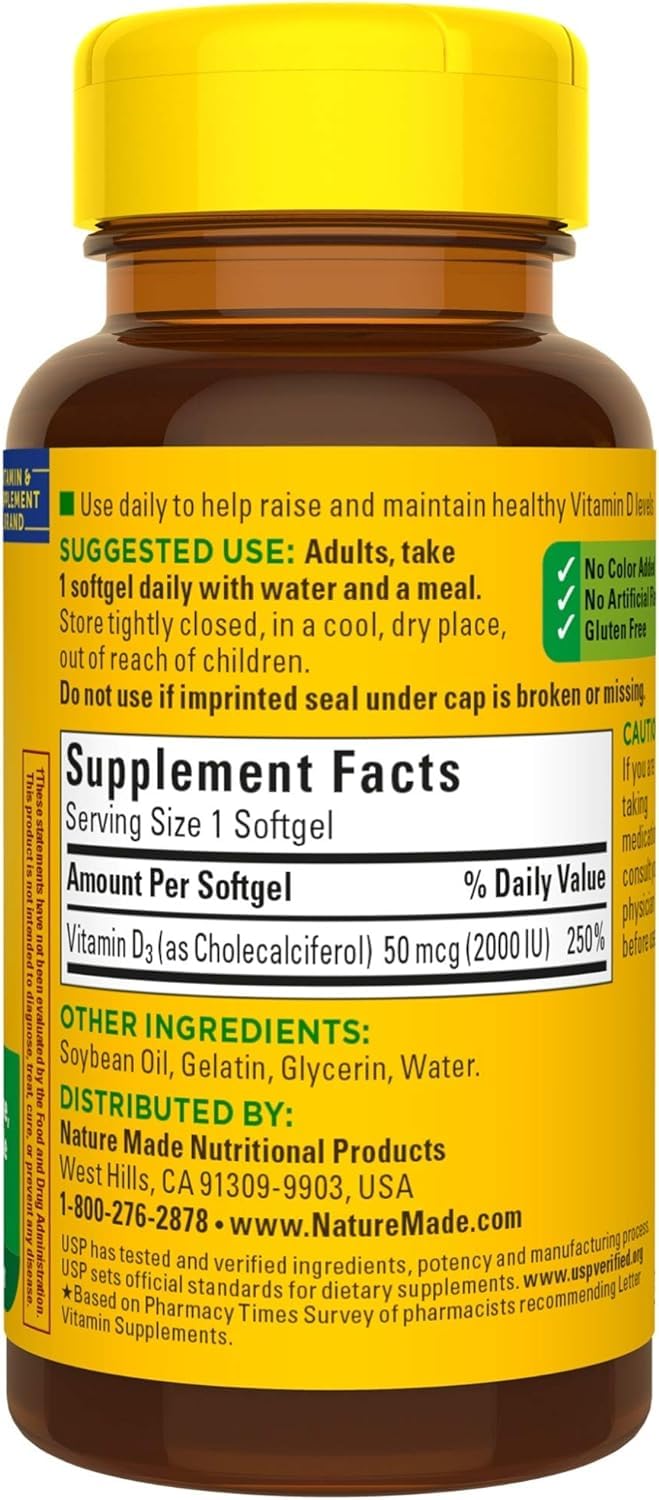 Nature Made Vitamin D3 2000 IU Liquid Softgels, 180 Softgels