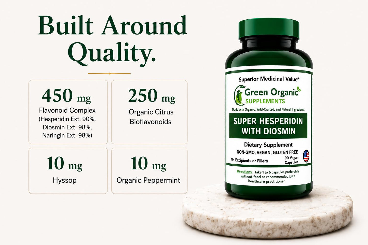 Green Organic Supplements Super Hesperidin with Diosmin, Narangin Capsules, 90 Count