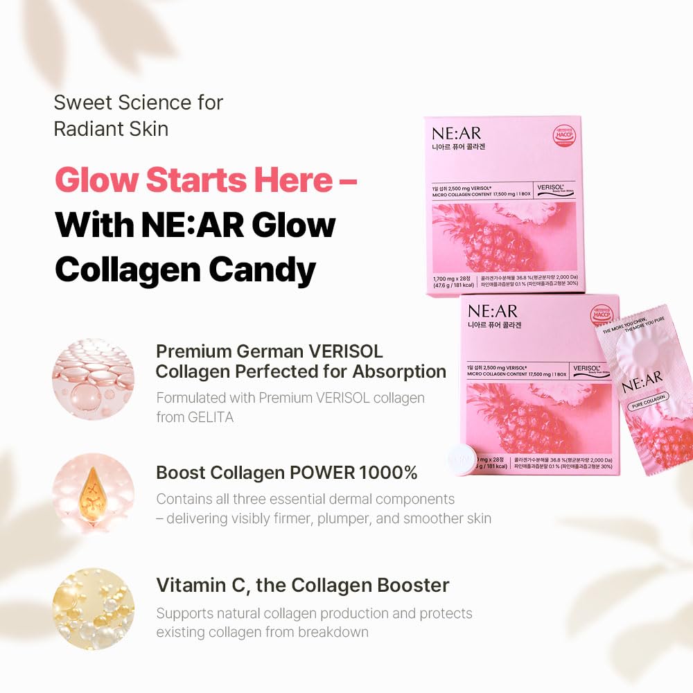 NE:AR Glow Collagen Chews with Hyaluronic Acid & Vitamin C, Chewable, 28 Count