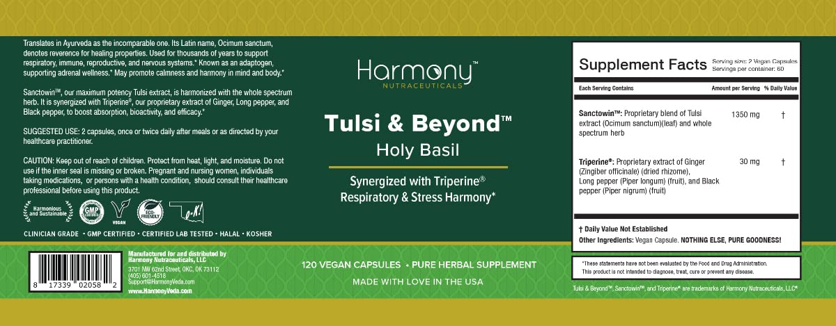 Harmony Nutraceuticals Tulsi - Holy Basil Supplement, Highest Potency, Maximum Bioavailability, Made with Organic Herbs, Capsules, 120 Count