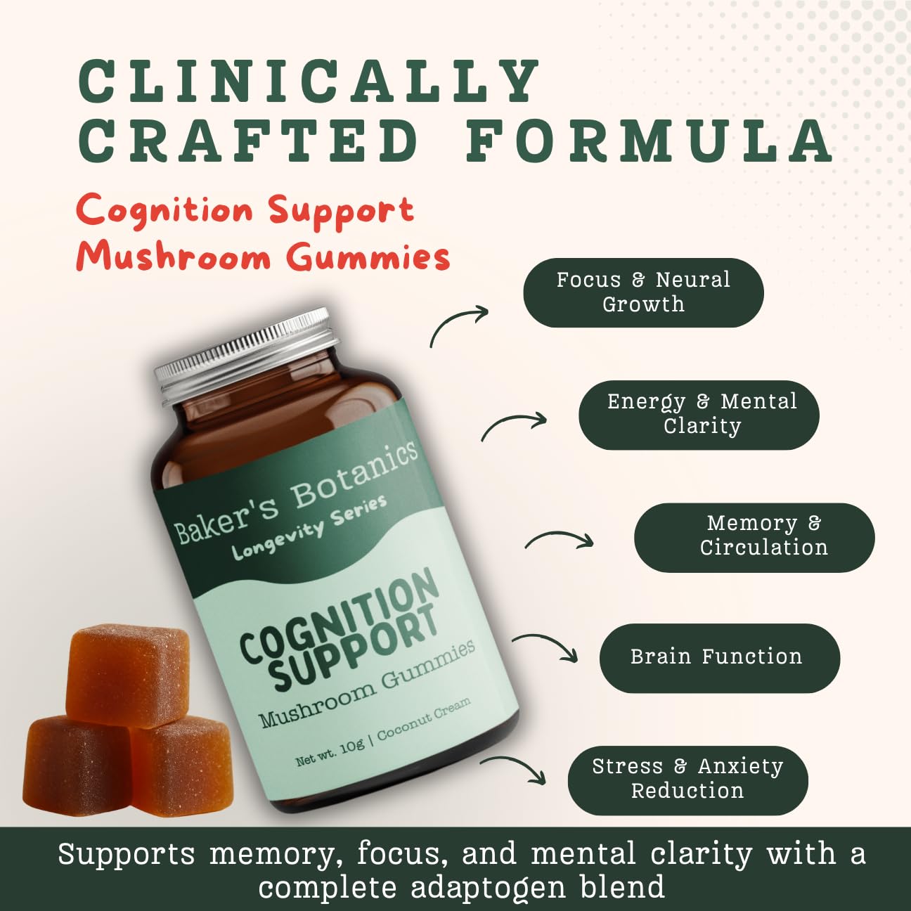 Baker's Botanics Adaptogenic Mushroom Gummies – Antioxidant Botanical Blend, 30 Gummies