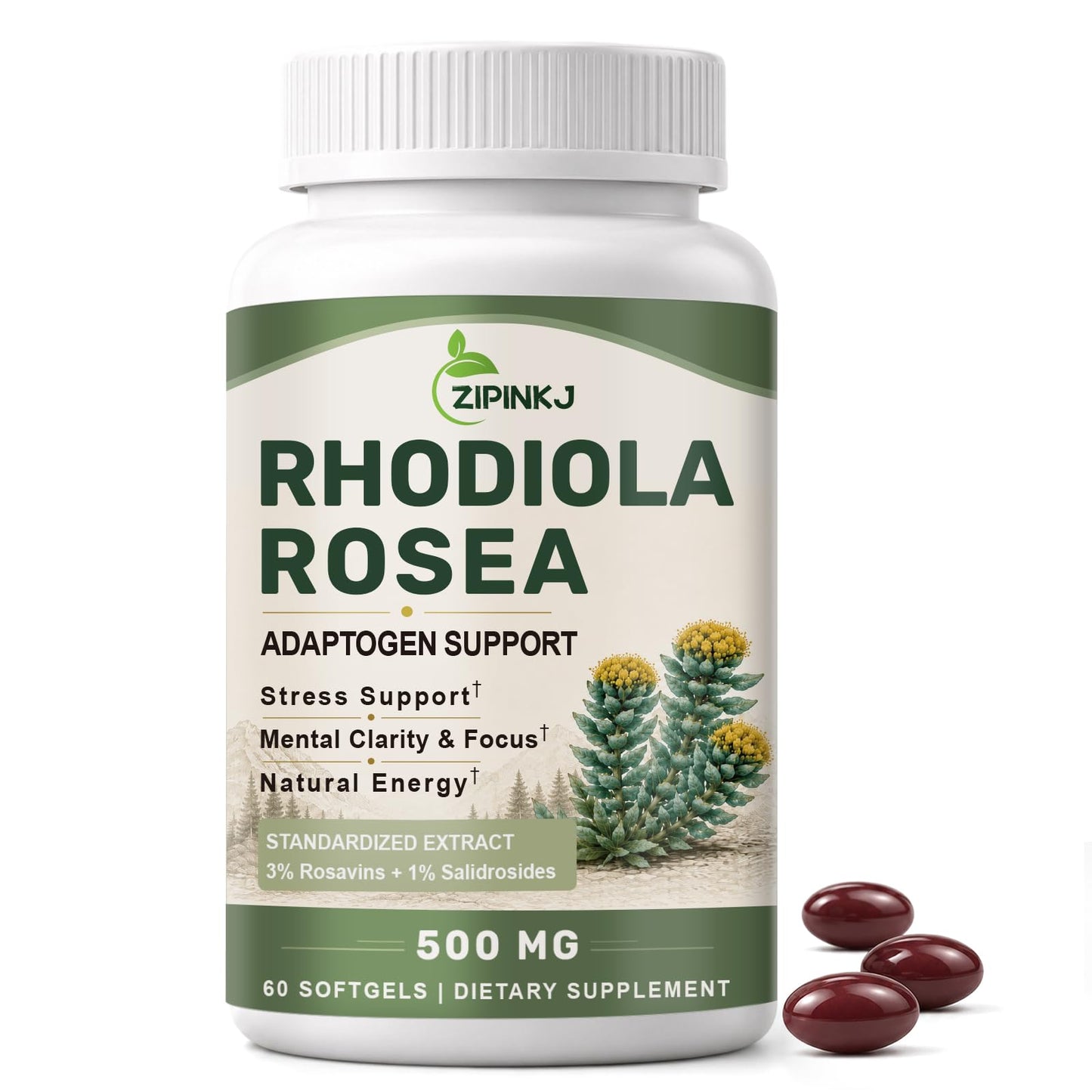 ZIPINKJ Rhodiola Rosea Supplement 500mg for Stress & Focus Support Softgels 60 Count