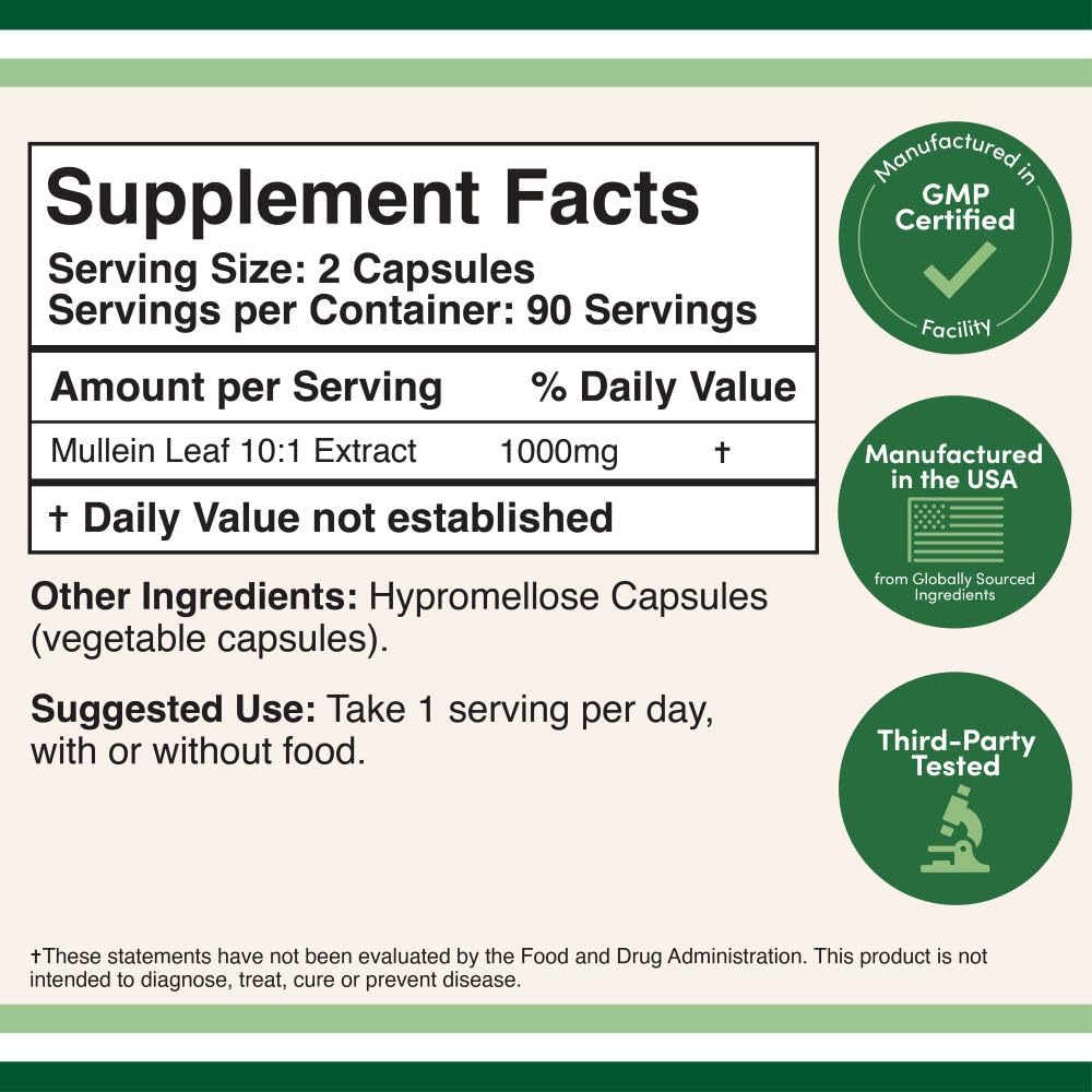 Double Wood Supplements Mullein Leaf 1000mg Capsule, 180 Capsules