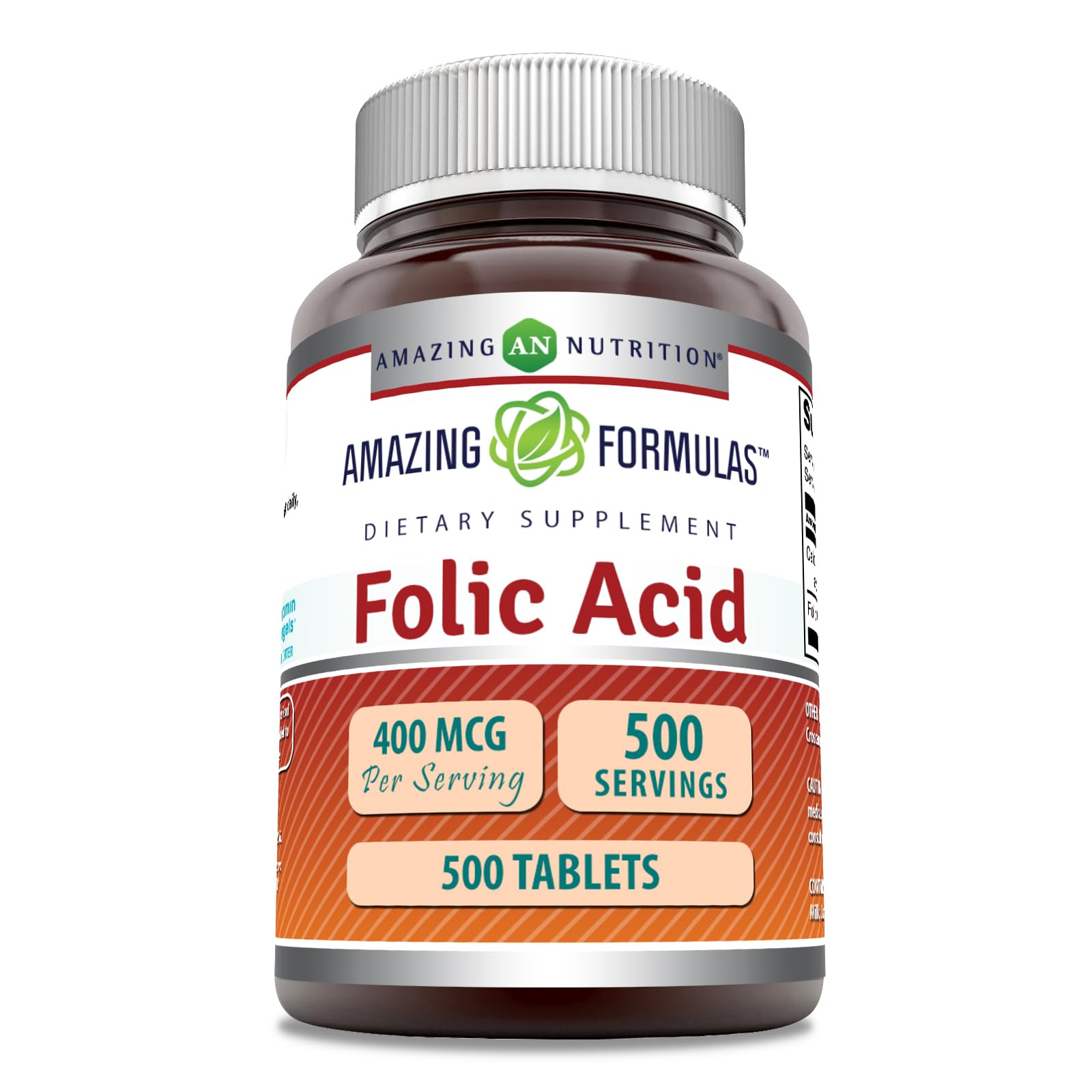 Amazing Nutrition Folic Acid (Vitamin B9) 400 mcg Tablets, 500 Count